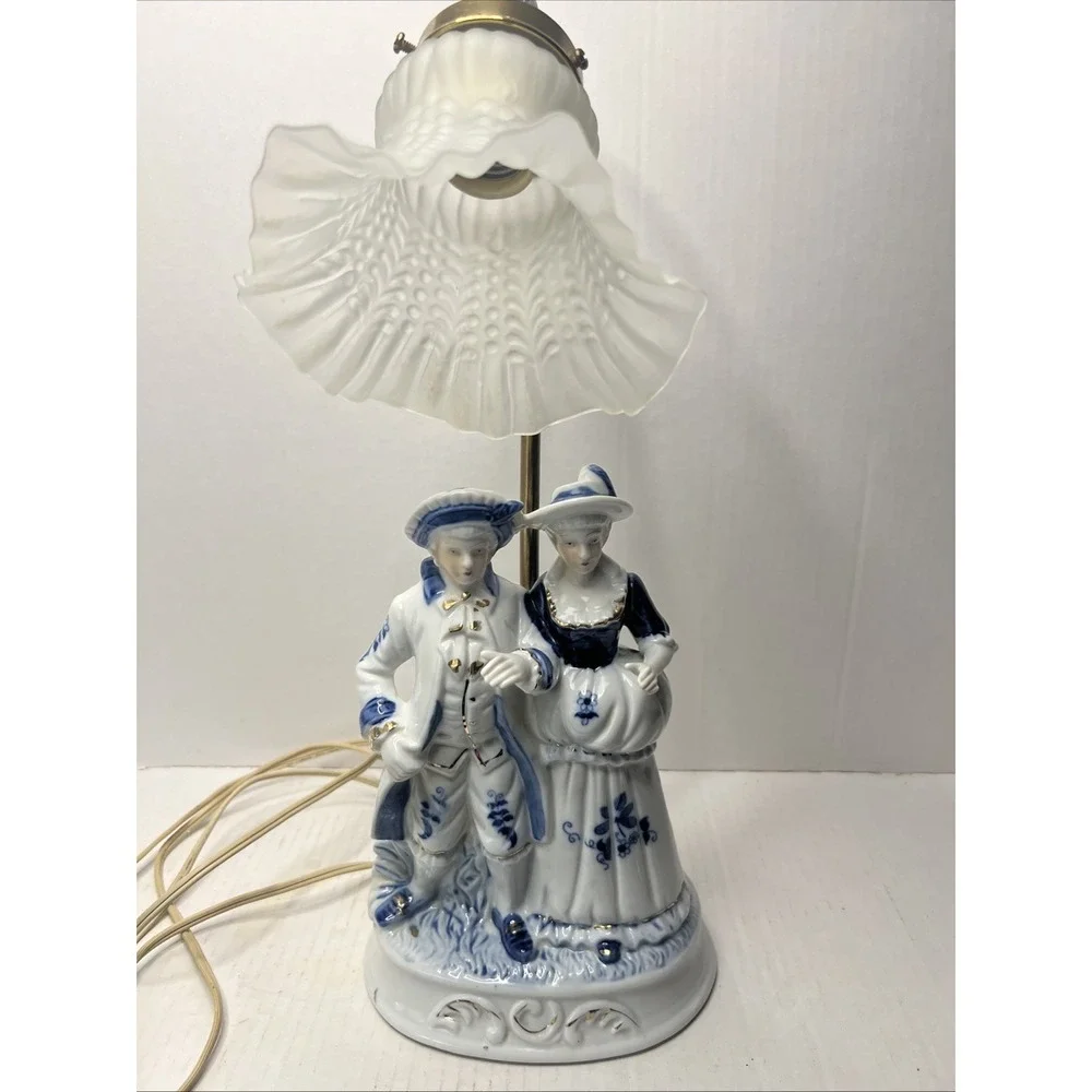Vintage Porcelain Lamp Man & Woman Couple Blue/White